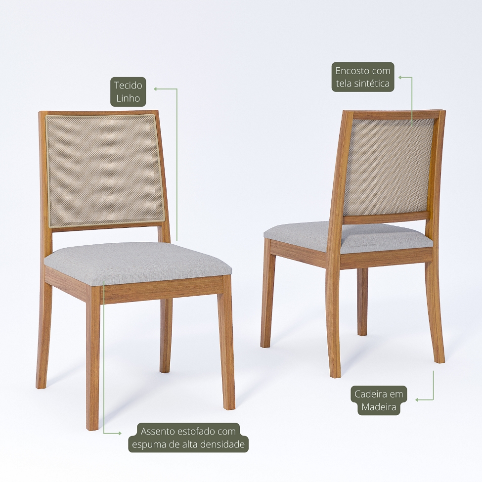 Conjunto com 2 Cadeiras Buriti Linho Cinza e Madeira