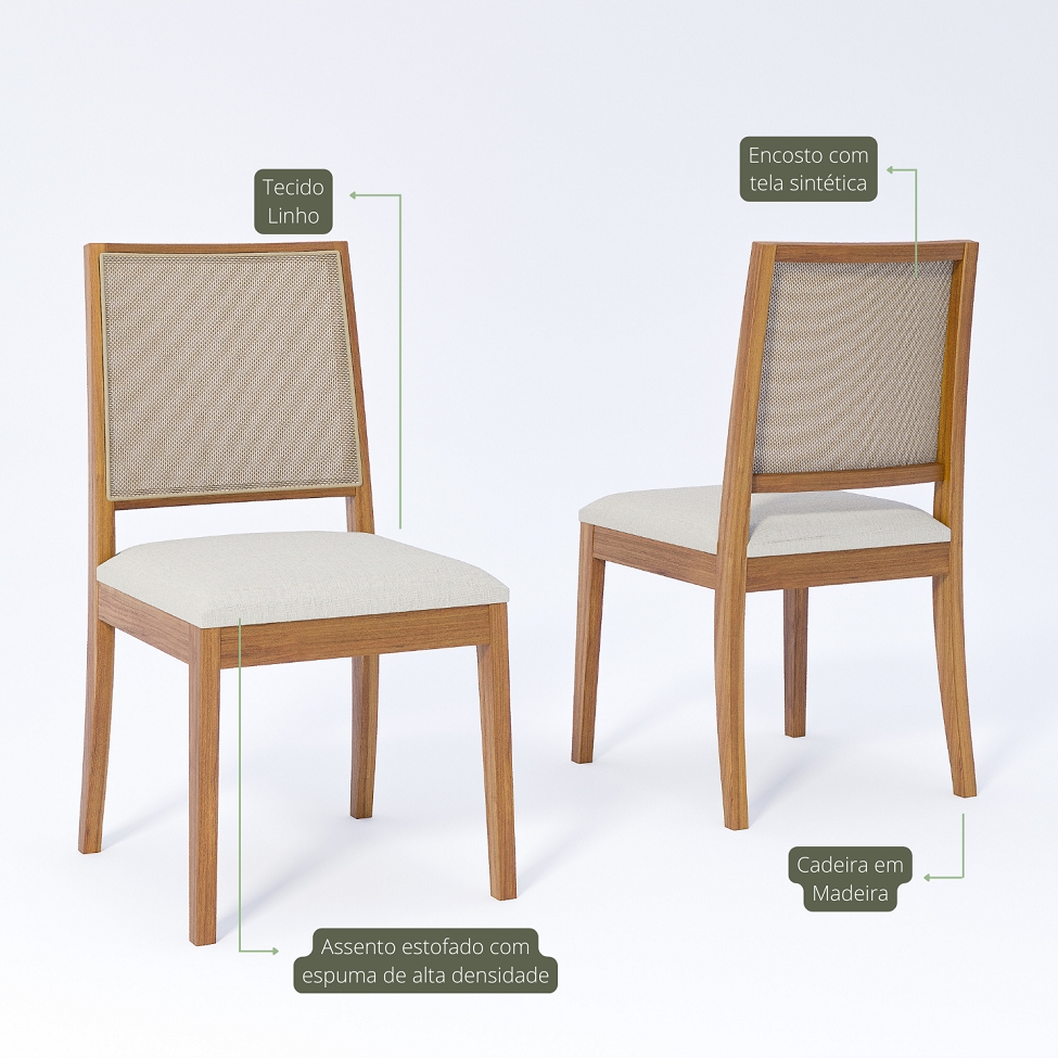 Conjunto com 2 Cadeiras Buriti Linho Cru e Madeira
