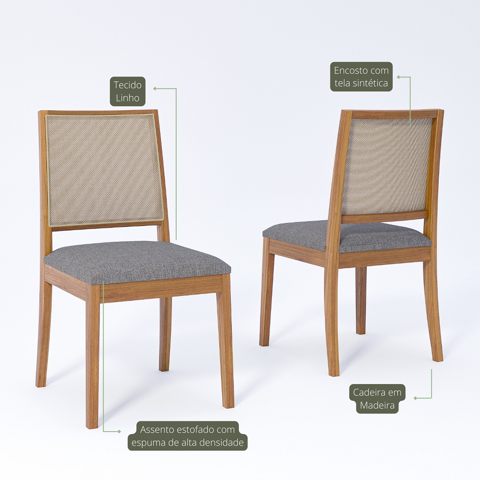Conjunto com 2 Cadeiras Buriti Linho Grafite e Madeira