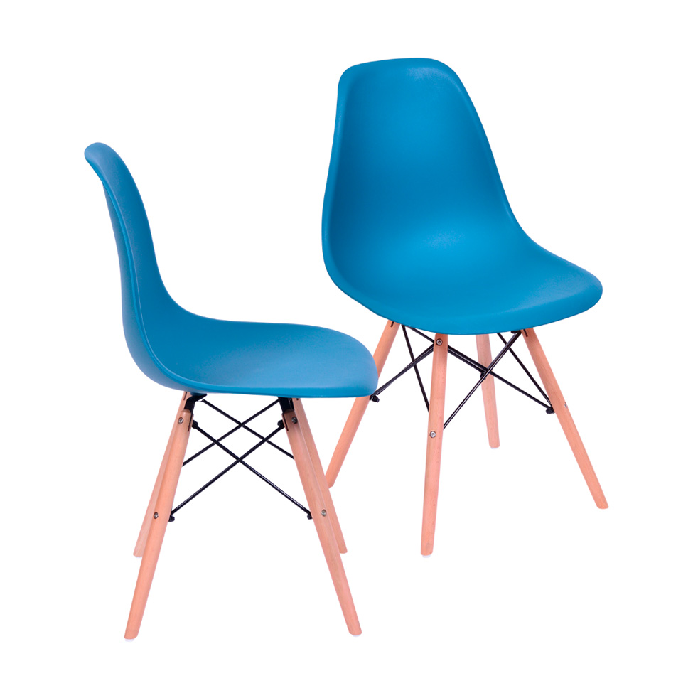 Conjunto com 2 Cadeiras DKR Eames Azul Petróleo e Madeira