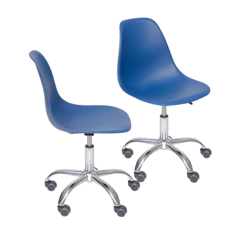 Conjunto com 2 Cadeiras DKR com Rodízios Azul Marinho e Cromado