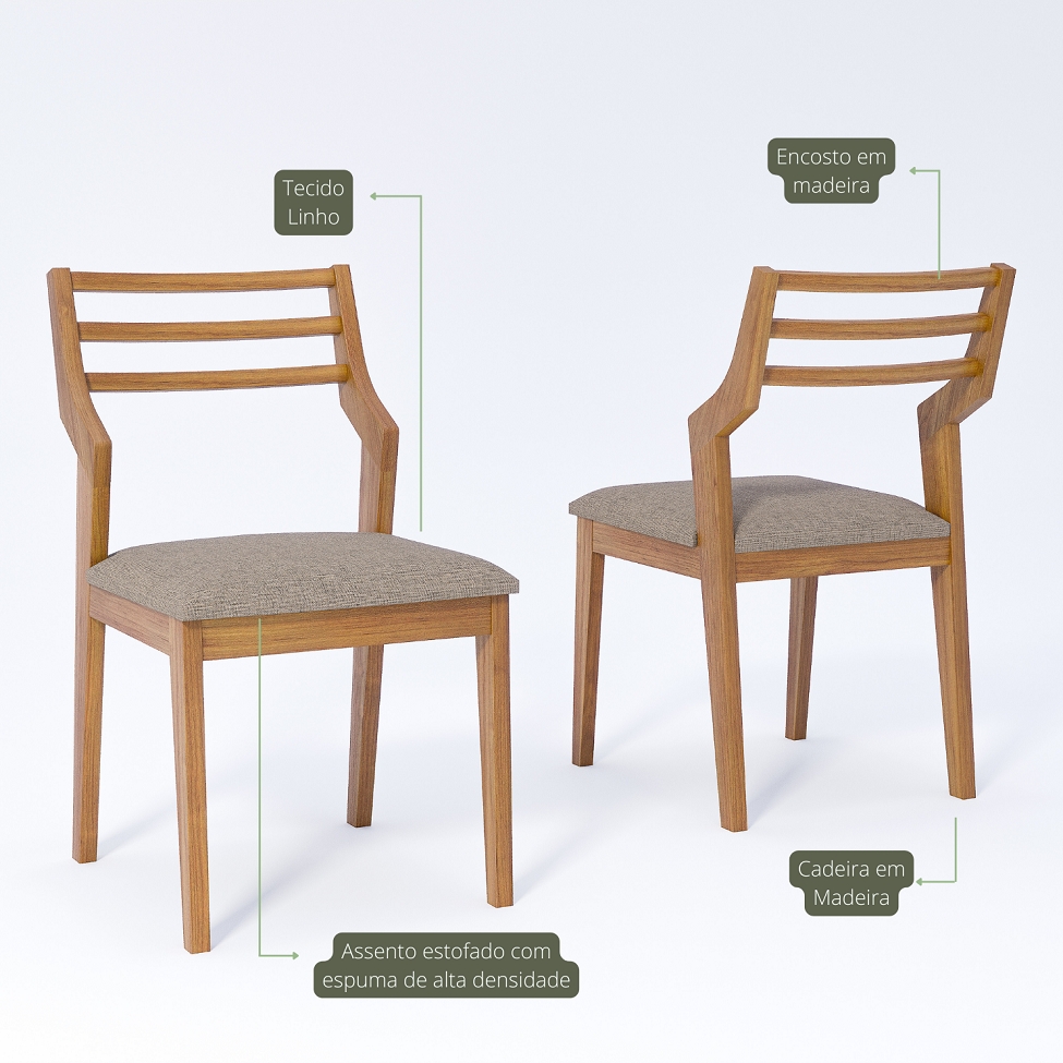 Conjunto com 2 Cadeiras Damasco Linho Bege e Madeira