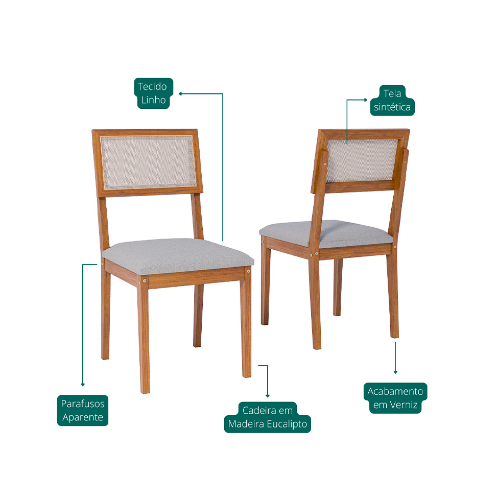 Conjunto com 2 Cadeiras Encanto Linho Cinza e Madeira