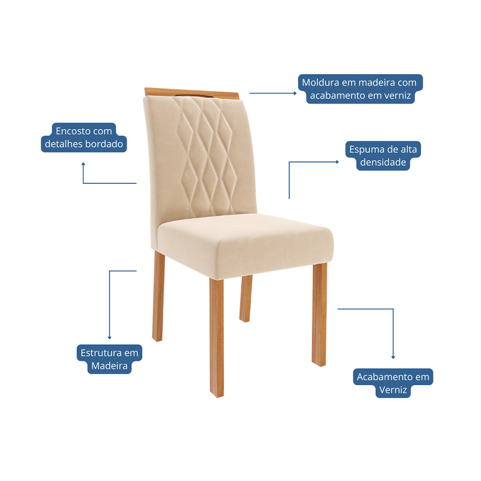 Conjunto com 2 Cadeiras Juliana Wood Suede Nude e Madeira