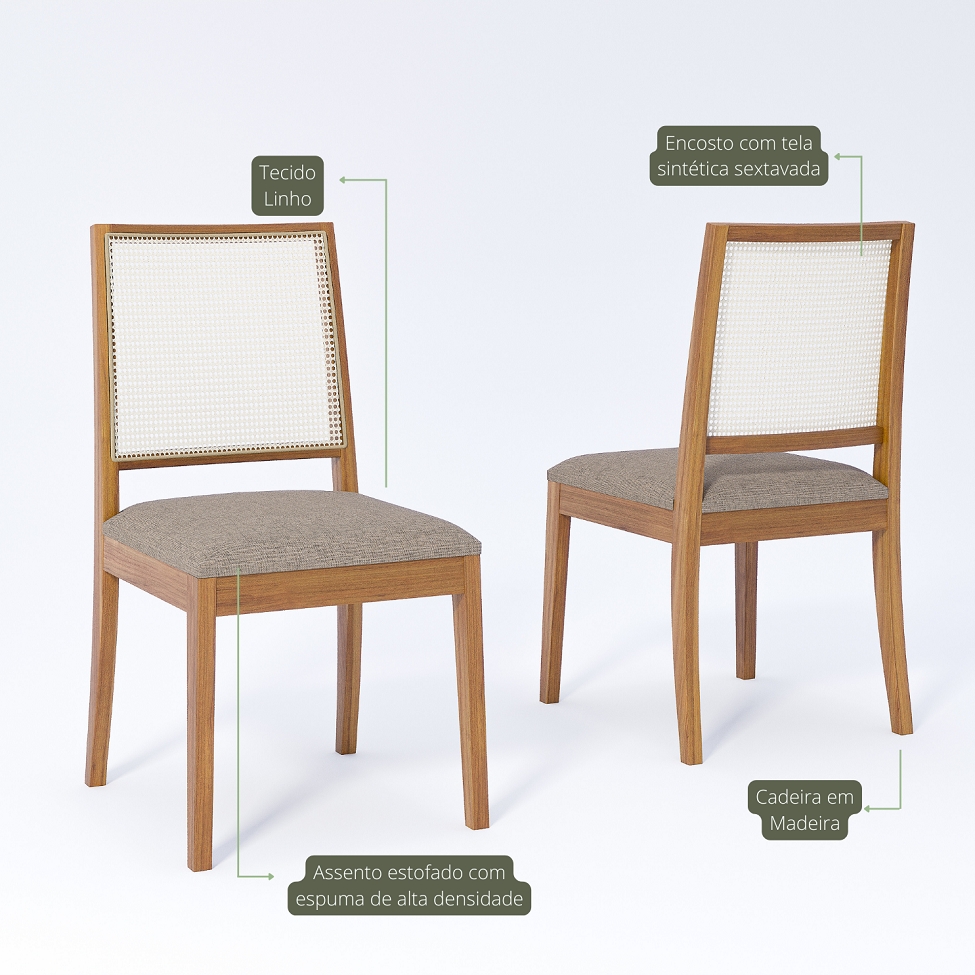 Conjunto com 2 Cadeiras Marcela Linho Bege e Madeira