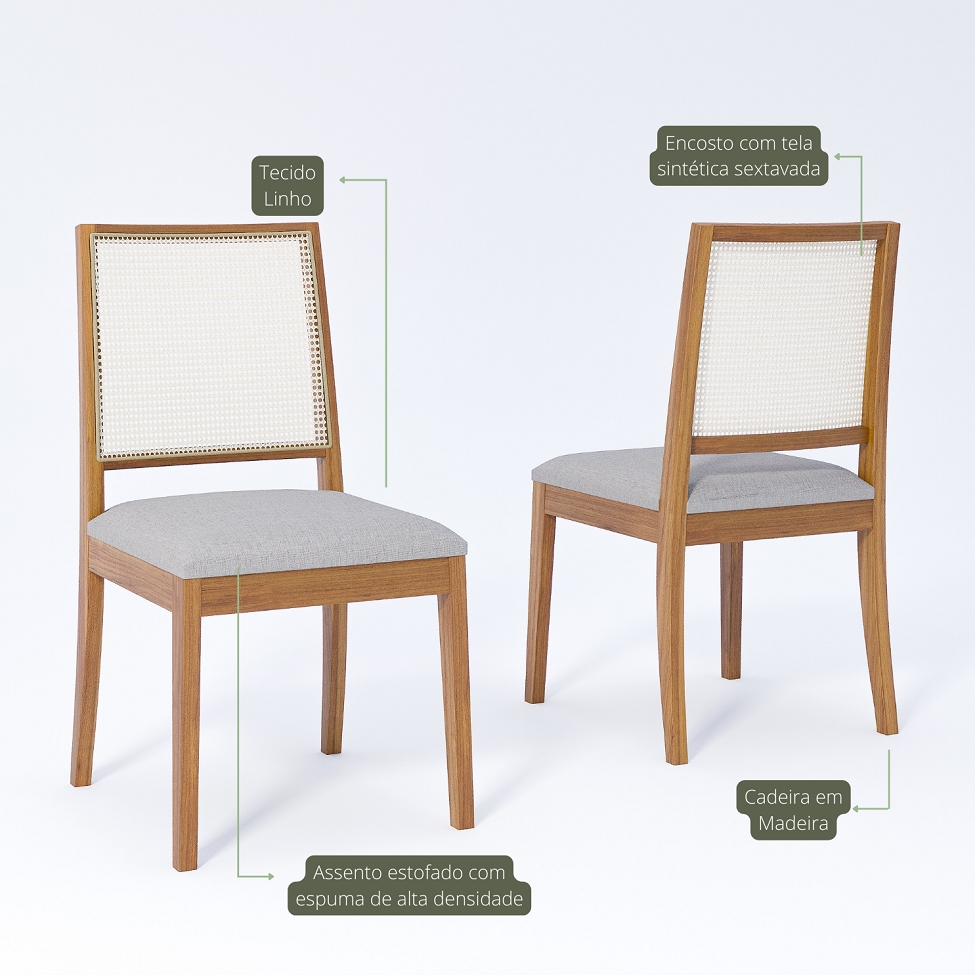 Conjunto com 2 Cadeiras Marcela Linho Cinza e Madeira