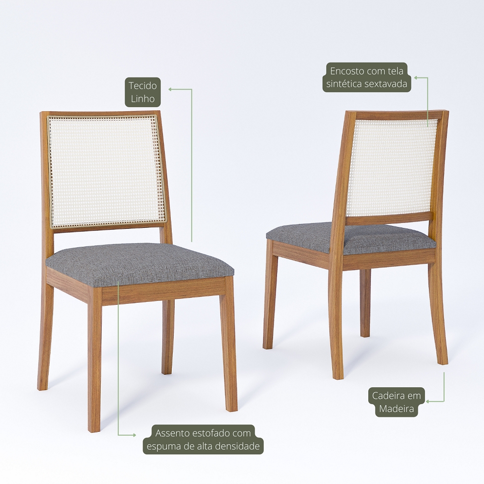 Conjunto com 2 Cadeiras Marcela Linho Grafite e Madeira
