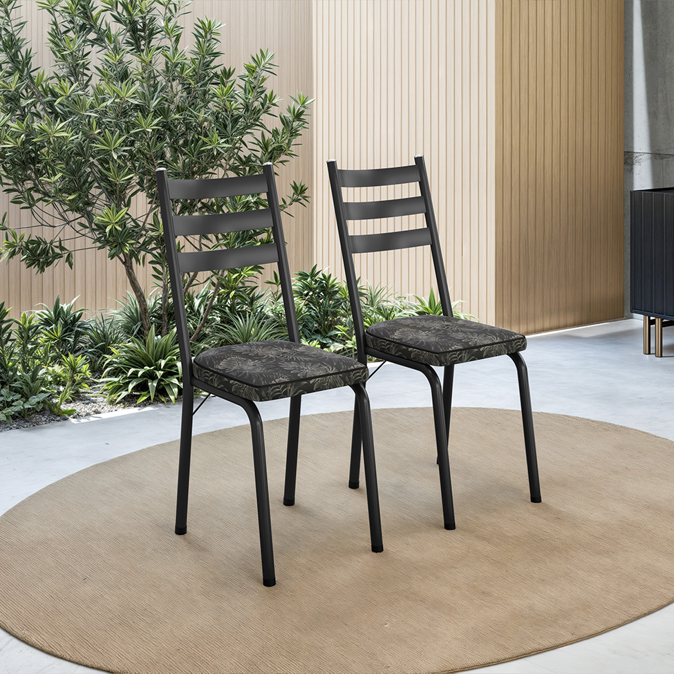 Conjunto com 2 Cadeiras New Revestimento Sintético Floral Dourado e Preto