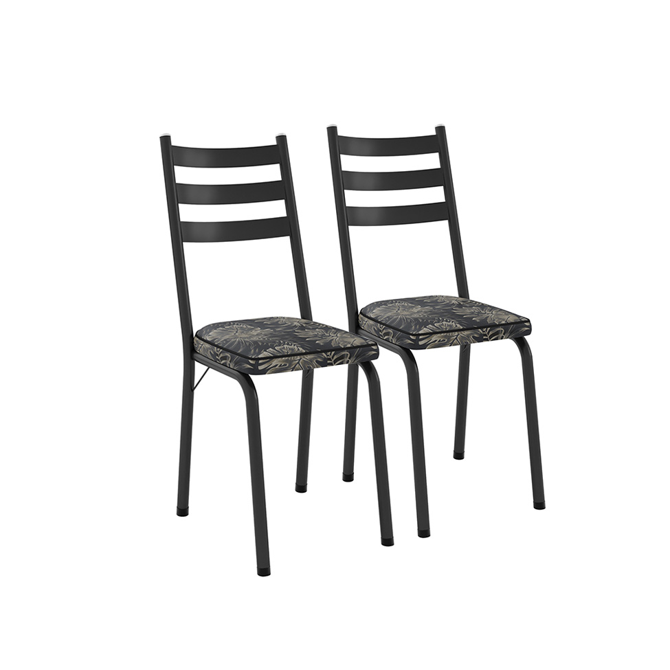 Conjunto com 2 Cadeiras New Revestimento Sintético Floral Dourado e Preto