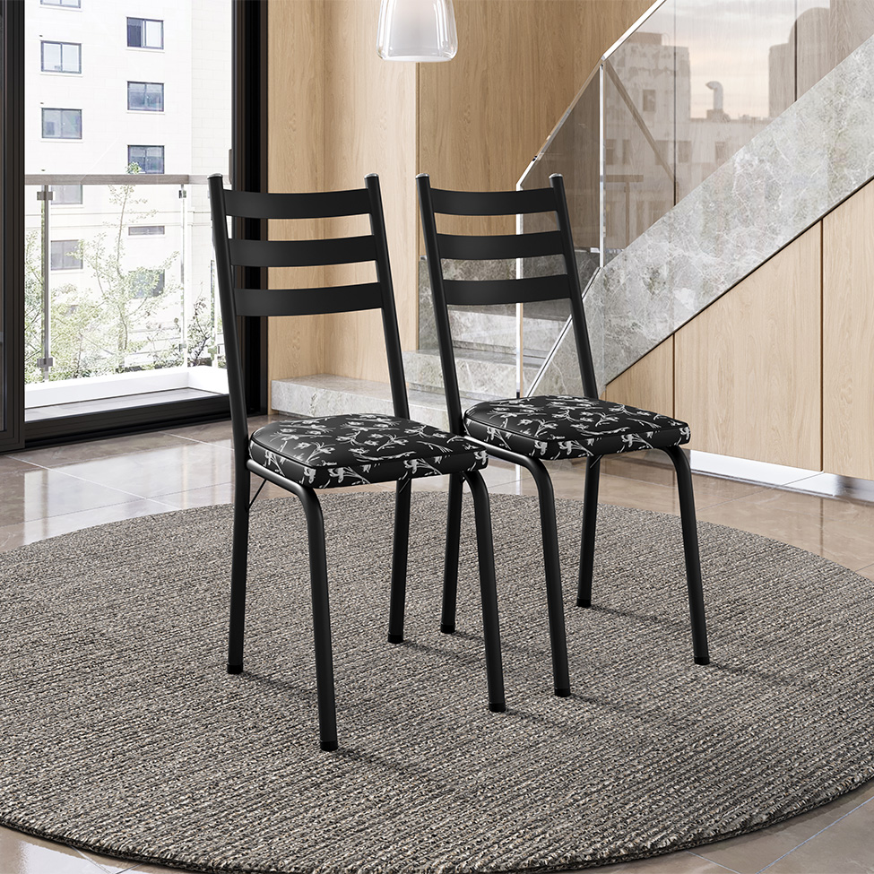 Conjunto com 2 Cadeiras New Revestimento Sintético Floral e Preto