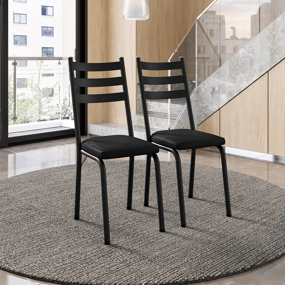 Conjunto com 2 Cadeiras New Revestimento Sintético Preto Brilho