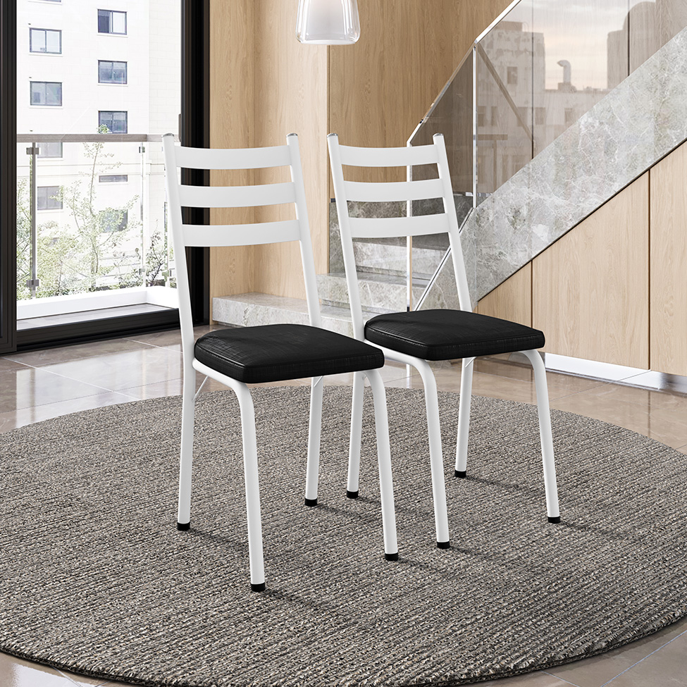 Conjunto com 2 Cadeiras New Revestimento Sintético Preto Brilho e Branco