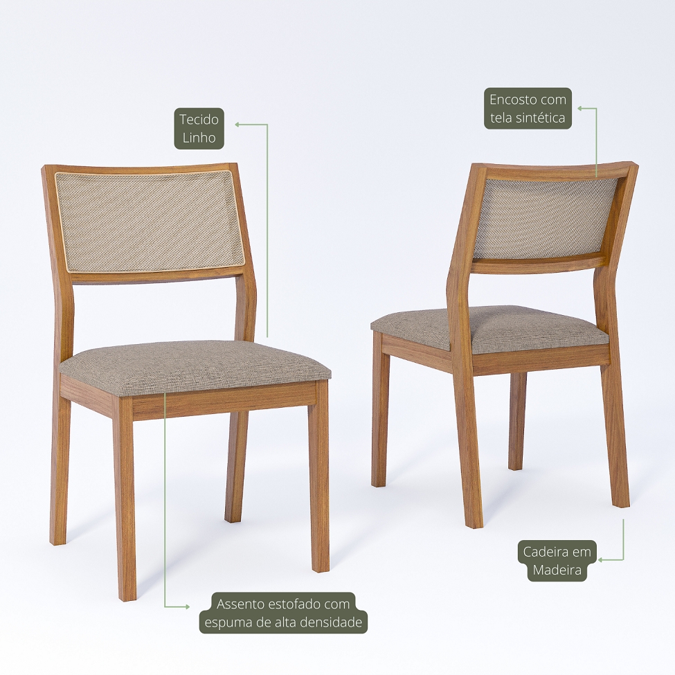 Conjunto com 2 Cadeiras Oiti Linho Bege e Madeira