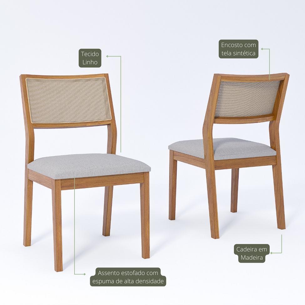 Conjunto com 2 Cadeiras Oiti Linho Cinza e Madeira