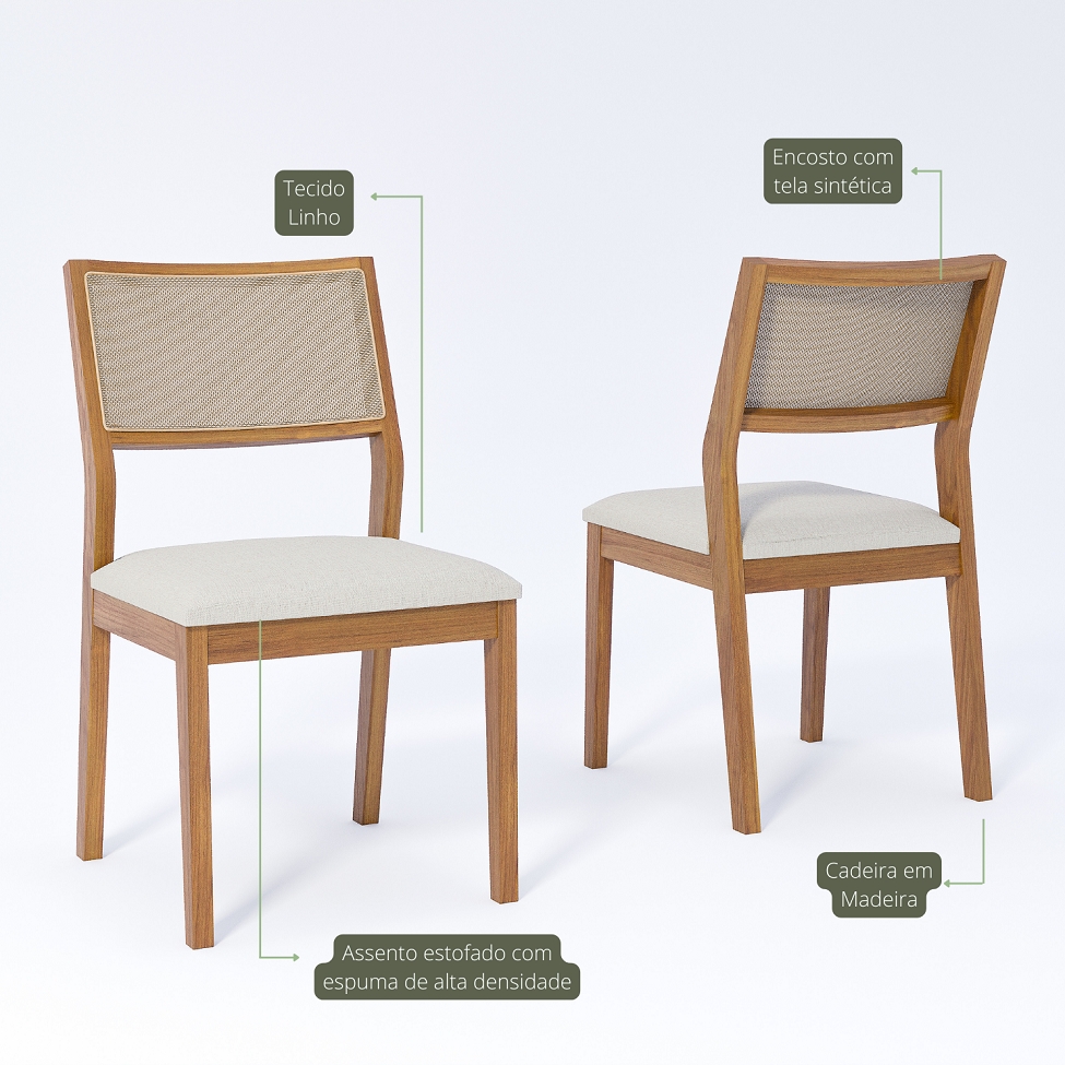 Conjunto com 2 Cadeiras Oiti Linho Cru e Madeira