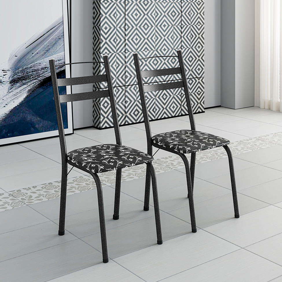 Conjunto com 2 Cadeiras Peters Revestimento Sintético Florido e Preto