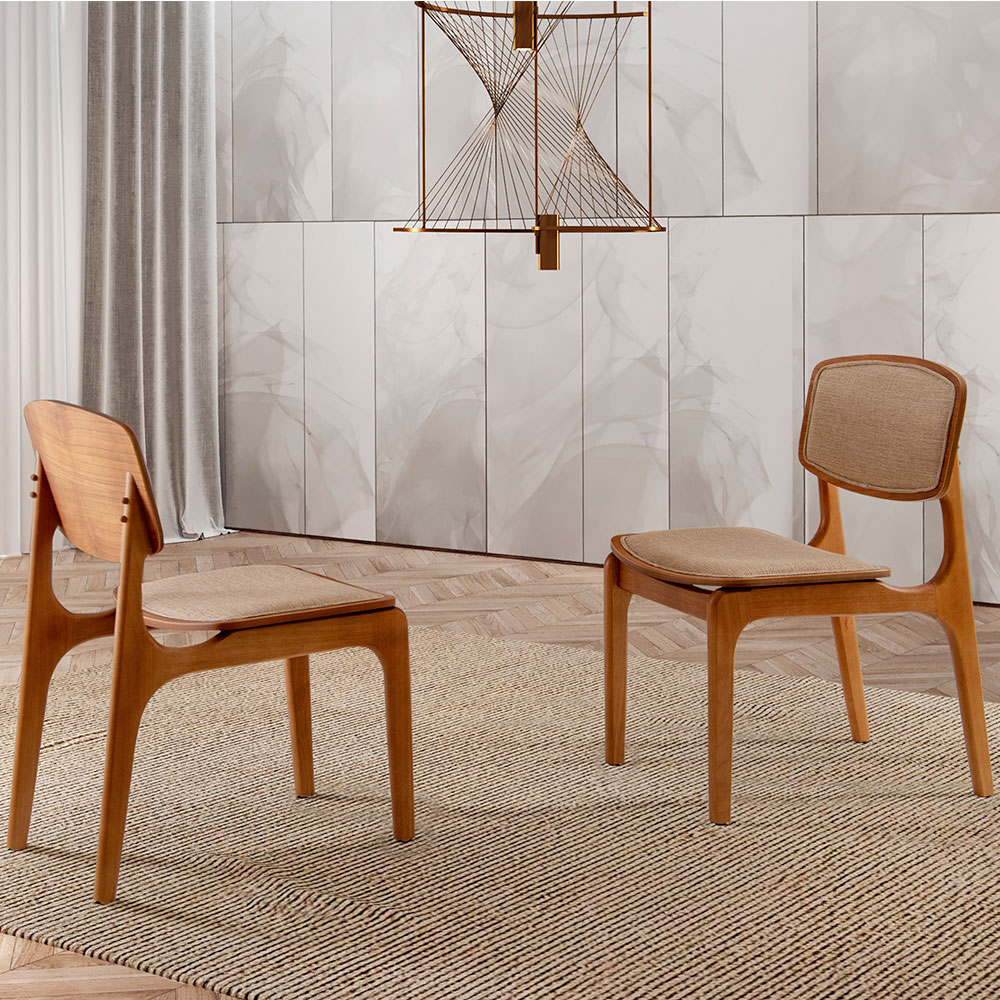 Conjunto com 2 Cadeiras Prada Linho Palha e Imbuia Natural