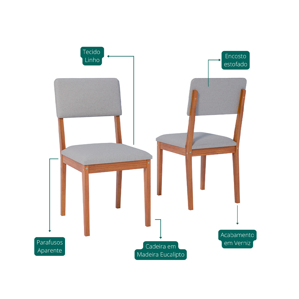 Conjunto com 2 Cadeiras Sabiá Linho Cinza e Madeira