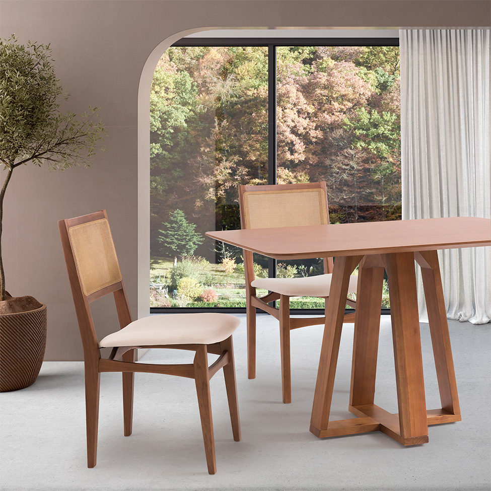 Conjunto com 2 Cadeiras Serena com Tela Nogueira Algodão Bege Claro e Marrom