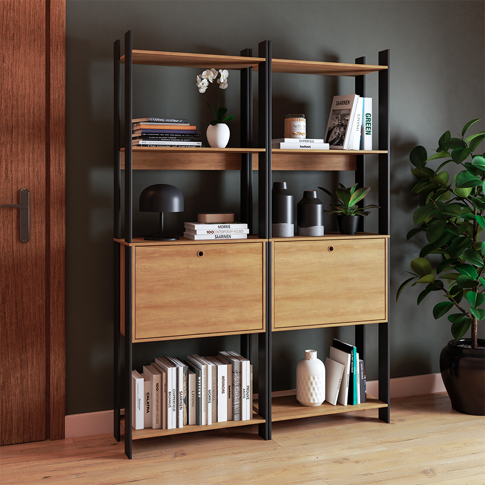 Conjunto com 2 Estantes Elara 2 Portas Mel e Preto