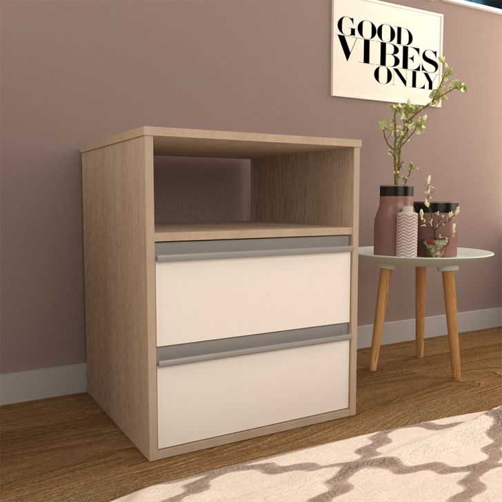 Conjunto com 2 Mesas de Cabeceira Amora 2 Gavetas Branco e Noce