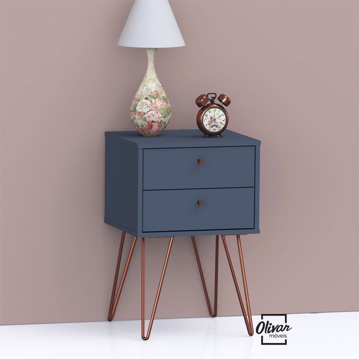 Conjunto com 2 Mesas de Cabeceira Bled 4 Gavetas Azul e Cobre
