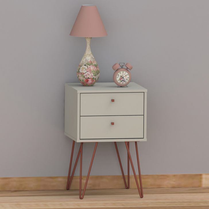 Conjunto com 2 Mesas de Cabeceira Bled 4 Gavetas Off White e Cobre