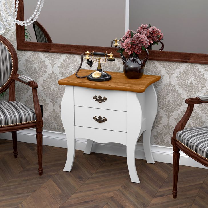 Conjunto com 2 Mesas de Cabeceira Bombe Premier 4 Gavetas Branco e Cumaru