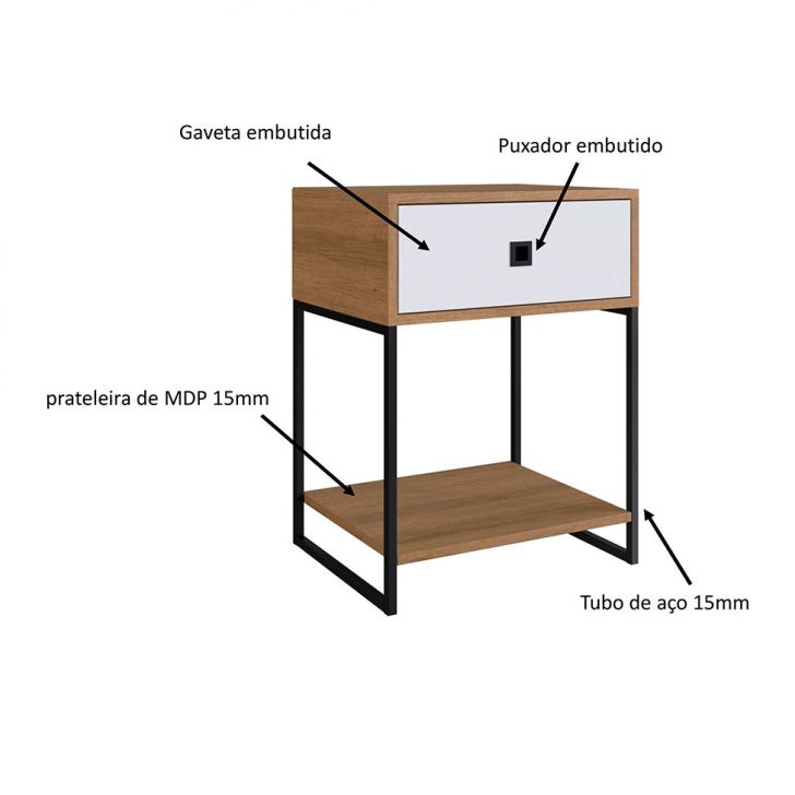 Conjunto com 2 Mesas de Cabeceira Paricel 1 Gaveta Mel e Branco