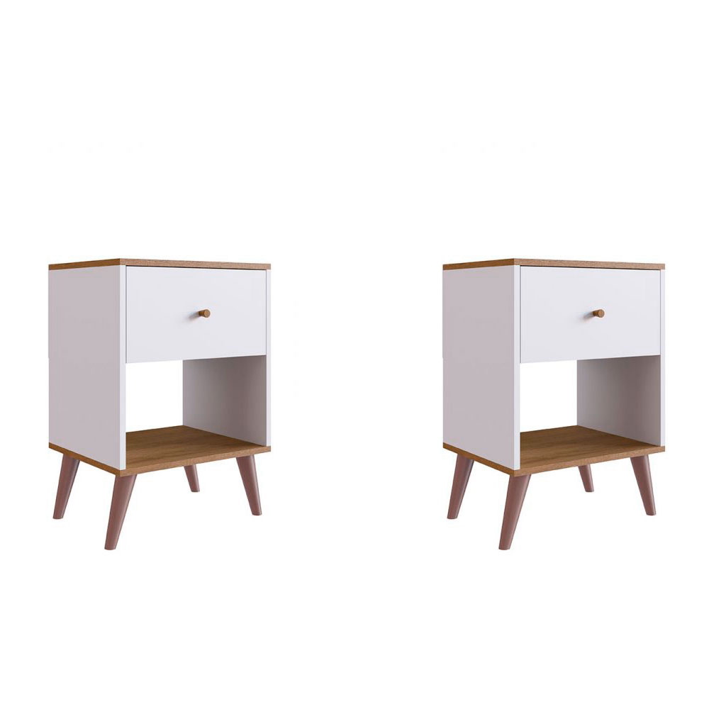 Conjunto com 2 Mesas de Cabeceira Retrô 1 Gaveta Branco e Mel