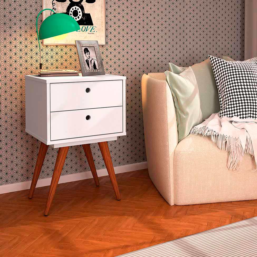 Conjunto com 2 Mesas de Cabeceira Retrô 2 Gavetas Branca