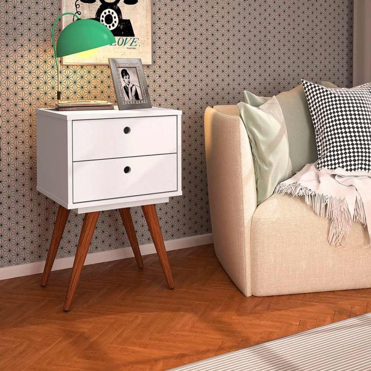 Conjunto com 2 Mesas de Cabeceira Retrô 4 Gavetas Branco