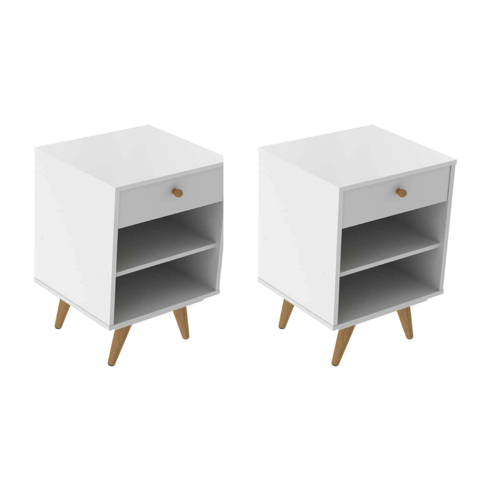 Conjunto com 2 Mesas de Cabeceira Retrô Plus 2 Gavetas Branco