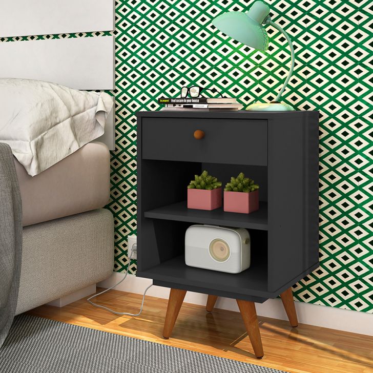 Conjunto com 2 Mesas de Cabeceira Retrô Plus 2 Gavetas Preto