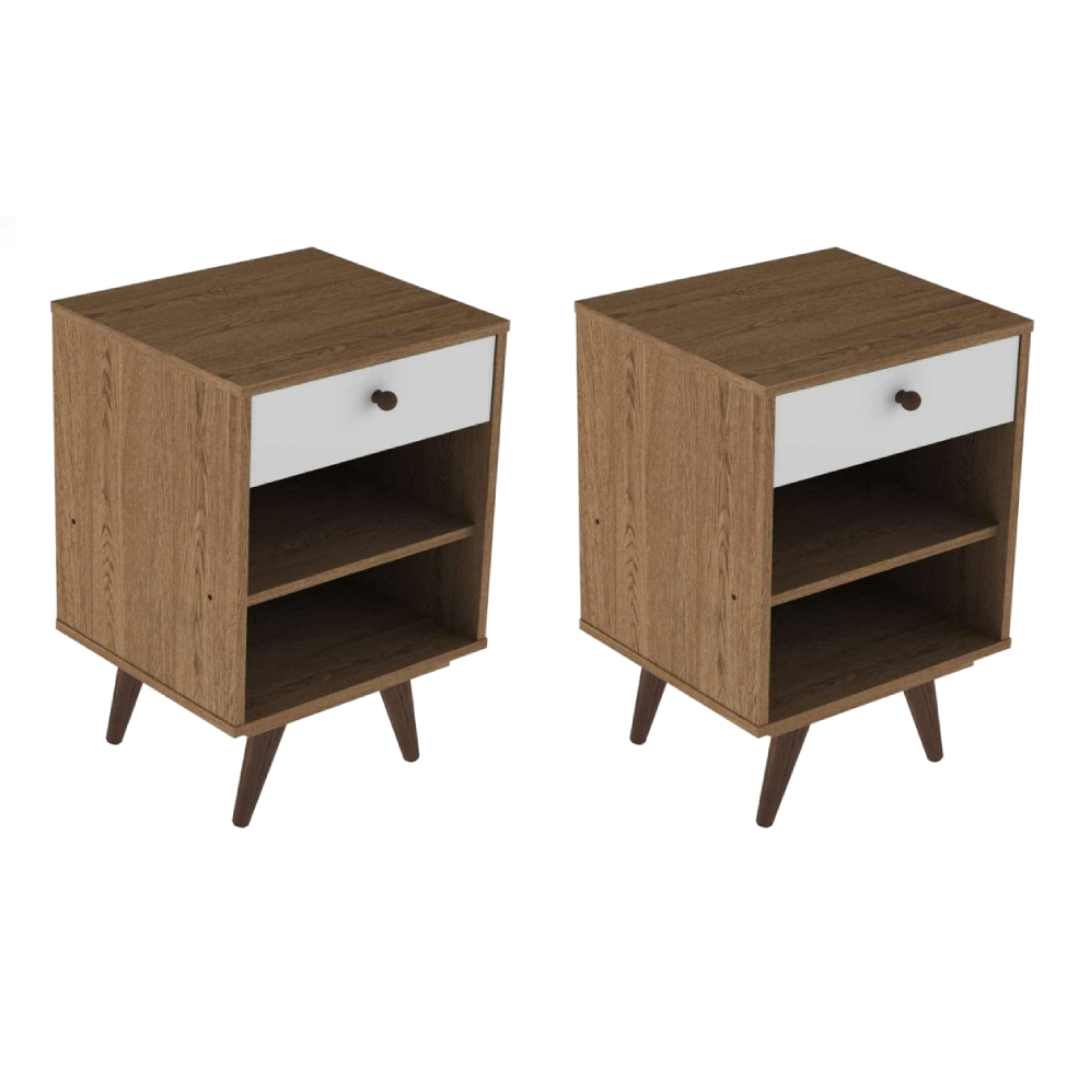 Conjunto com 2 Mesas de Cabeceira Retrô Plus 2 Gavetas Rustik Carvalho e Branco