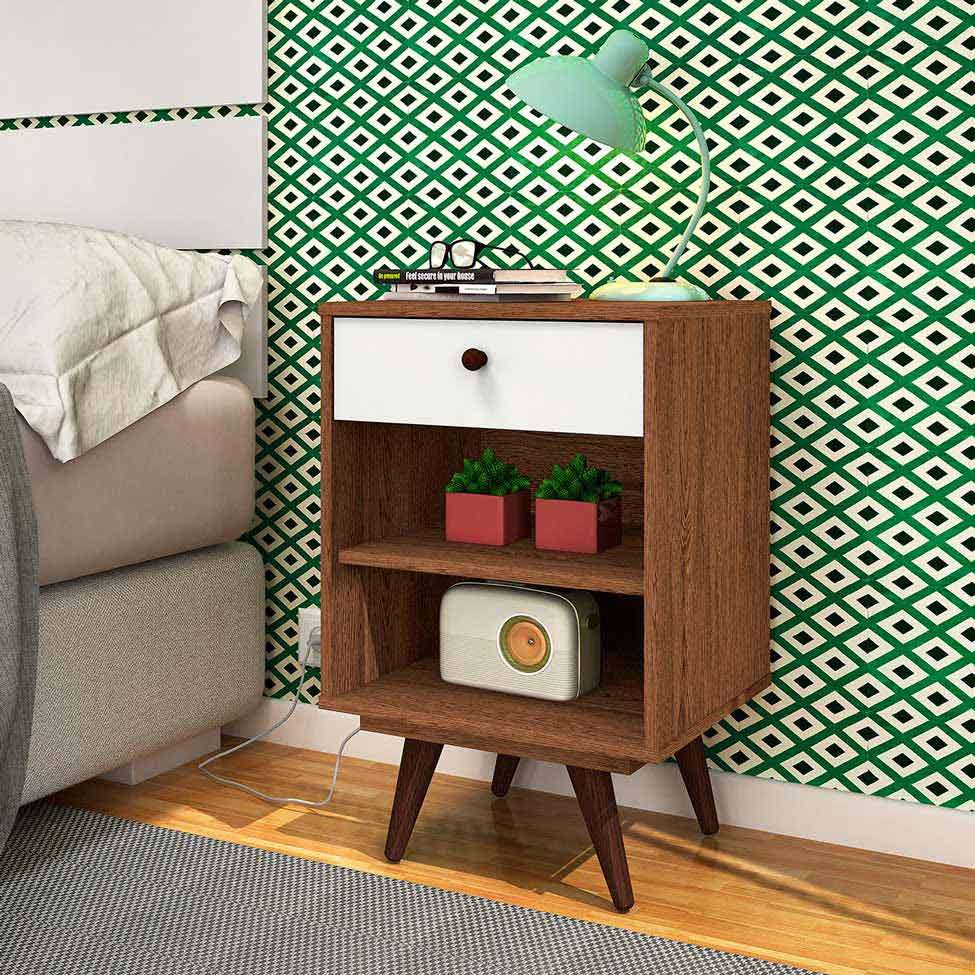 Conjunto com 2 Mesas de Cabeceira Retrô Plus 2 Gavetas Rustik Carvalho e Branco