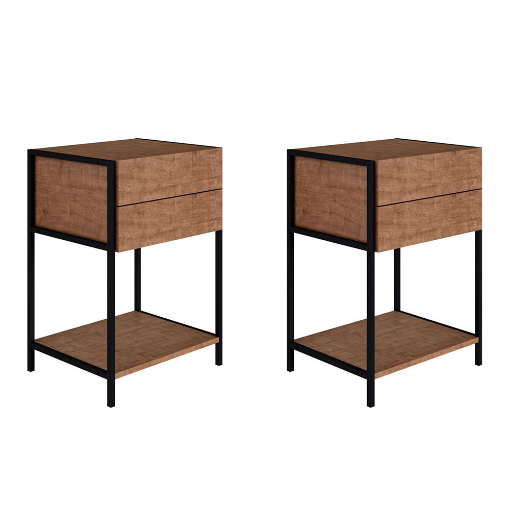 Conjunto com 2 Mesas de Cabeceira Steel Quadra 4 Gavetas Indústrial Vermont e Preto