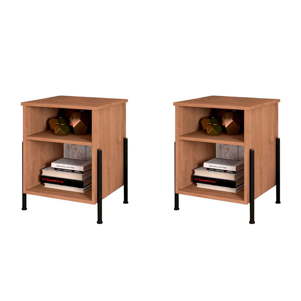 Conjunto com 2 Mesas de Cabeceira Viena New Marrom Claro e Preto