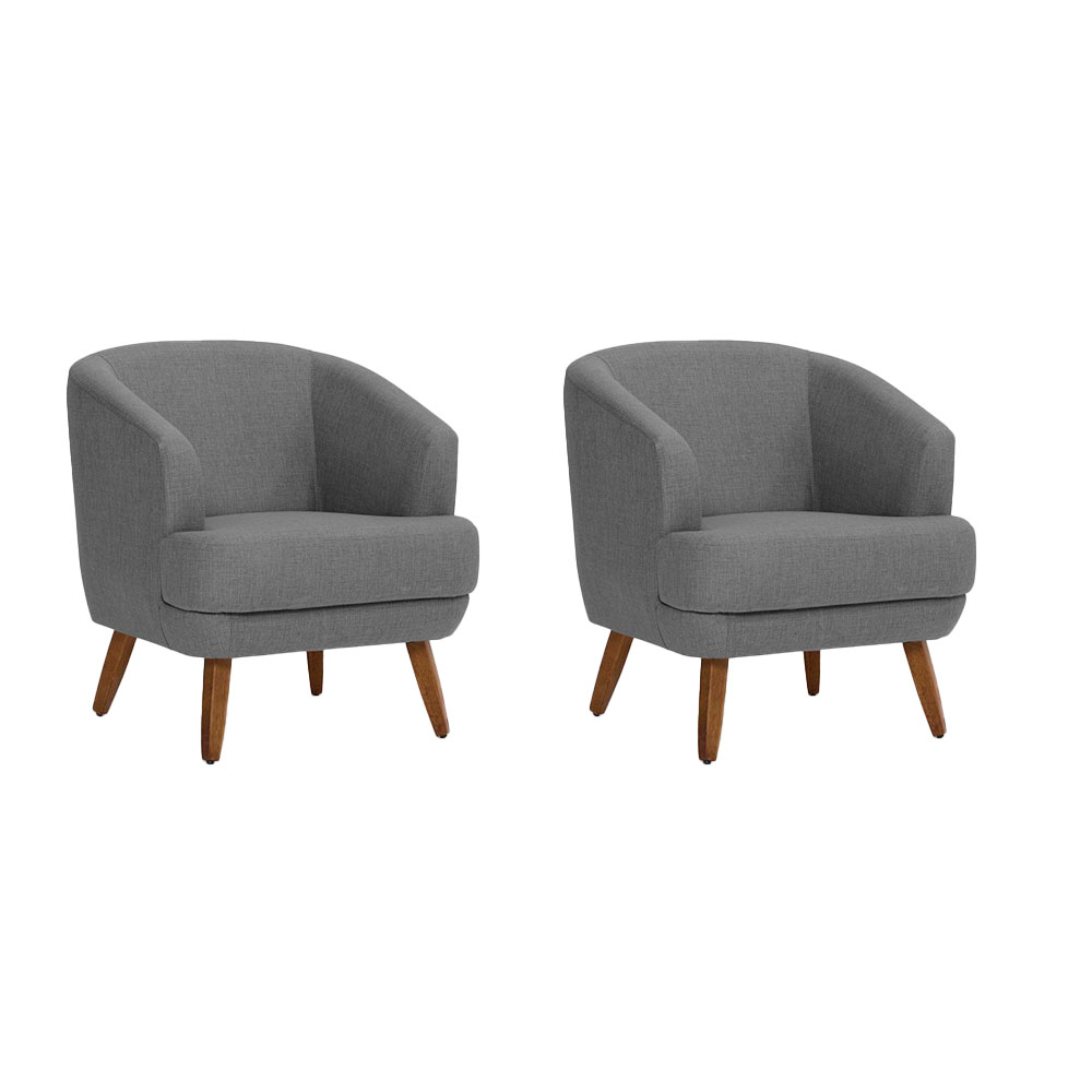 Conjunto com 2 Poltronas Betania Linho Mescla Cinza e Madeira