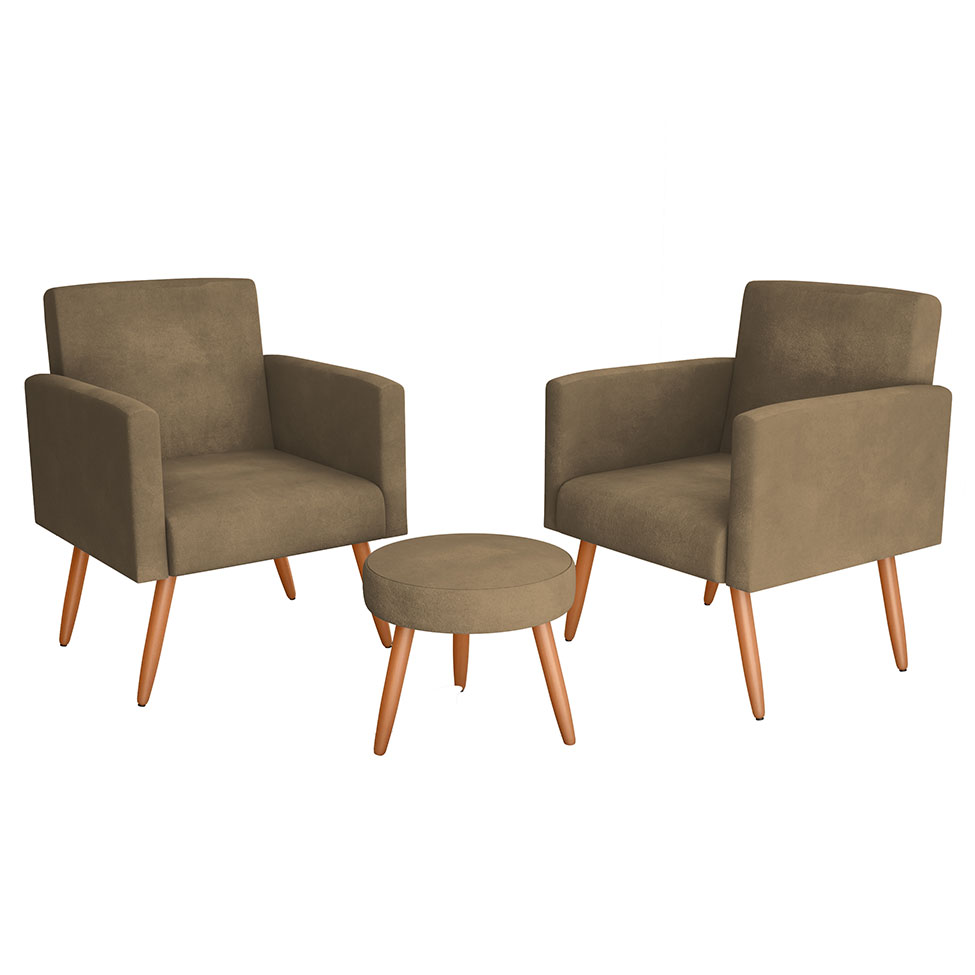 Conjunto com 2 Poltronas e 1 Puff Dallas Veludo Castor