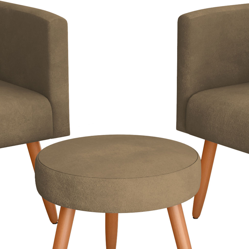 Conjunto com 2 Poltronas e 1 Puff Dallas Veludo Castor