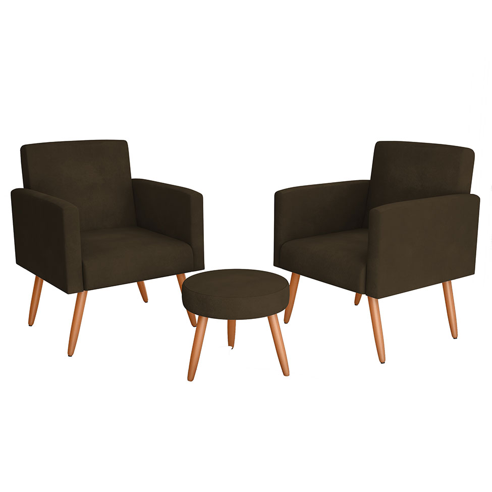 Conjunto com 2 Poltronas e 1 Puff Dallas Veludo Marrom