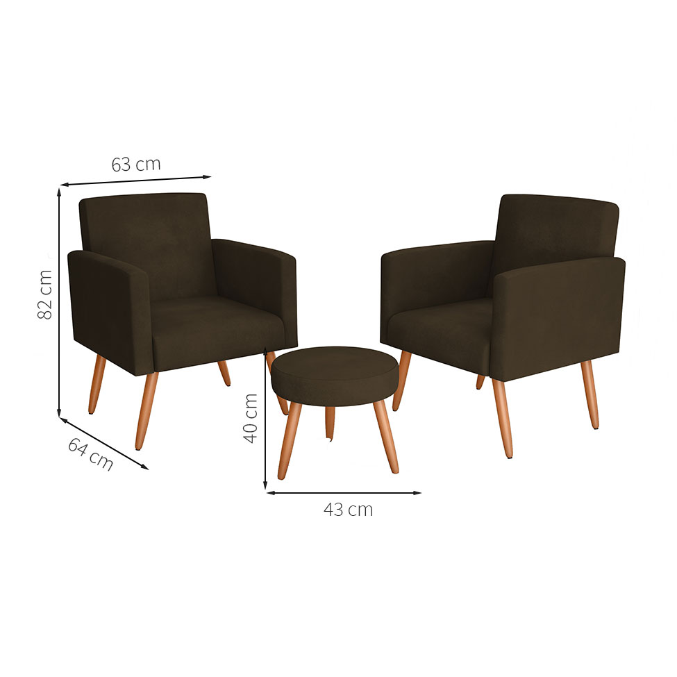 Conjunto com 2 Poltronas e 1 Puff Dallas Veludo Marrom