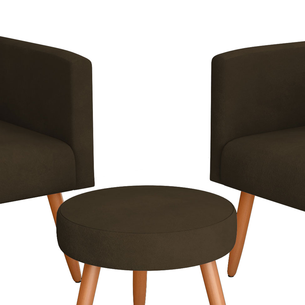 Conjunto com 2 Poltronas e 1 Puff Dallas Veludo Marrom