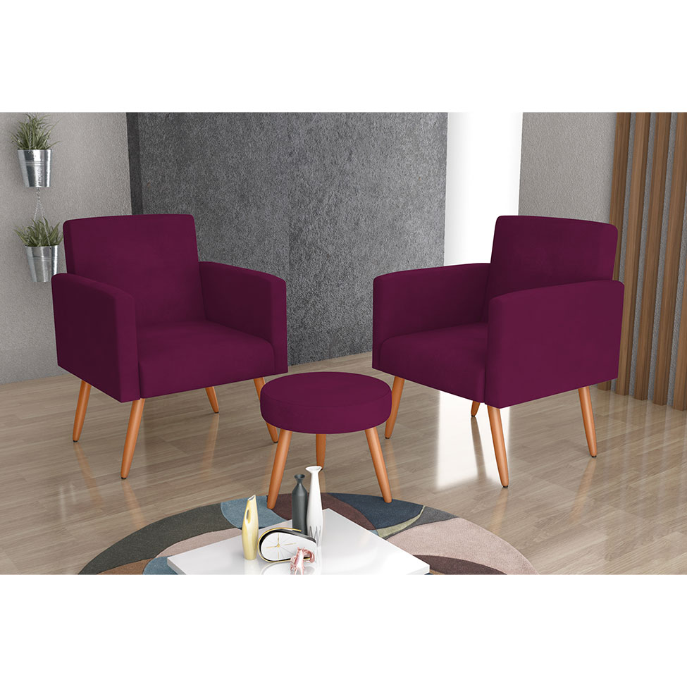 Conjunto com 2 Poltronas e 1 Puff Dallas Veludo Marsala