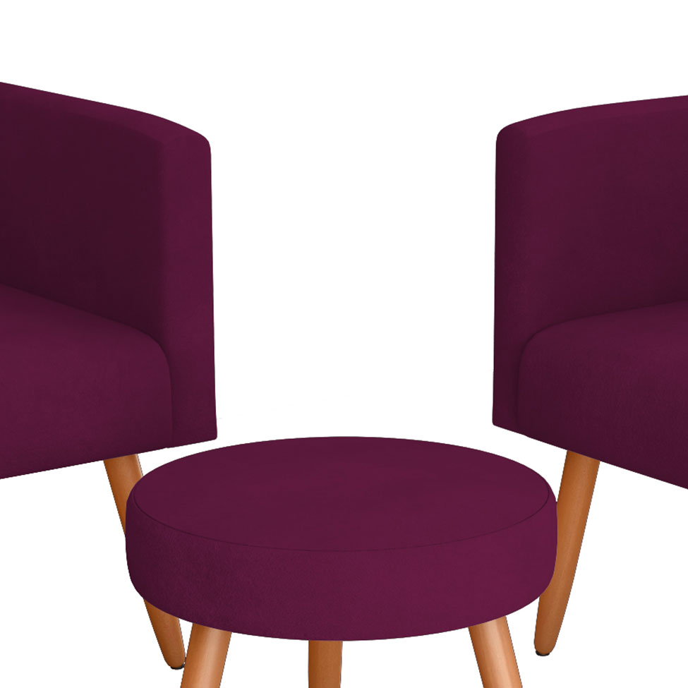 Conjunto com 2 Poltronas e 1 Puff Dallas Veludo Marsala