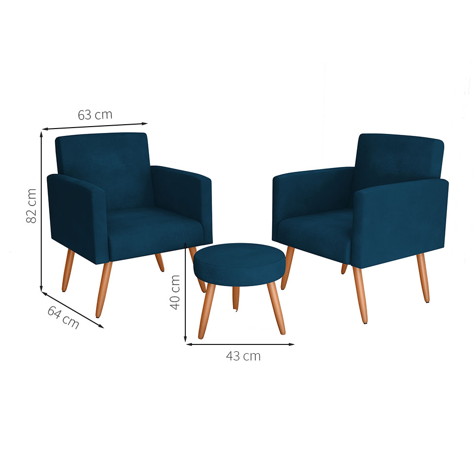 Conjunto com 2 Poltronas e 1 Puff Dallas Veludo Petróleo