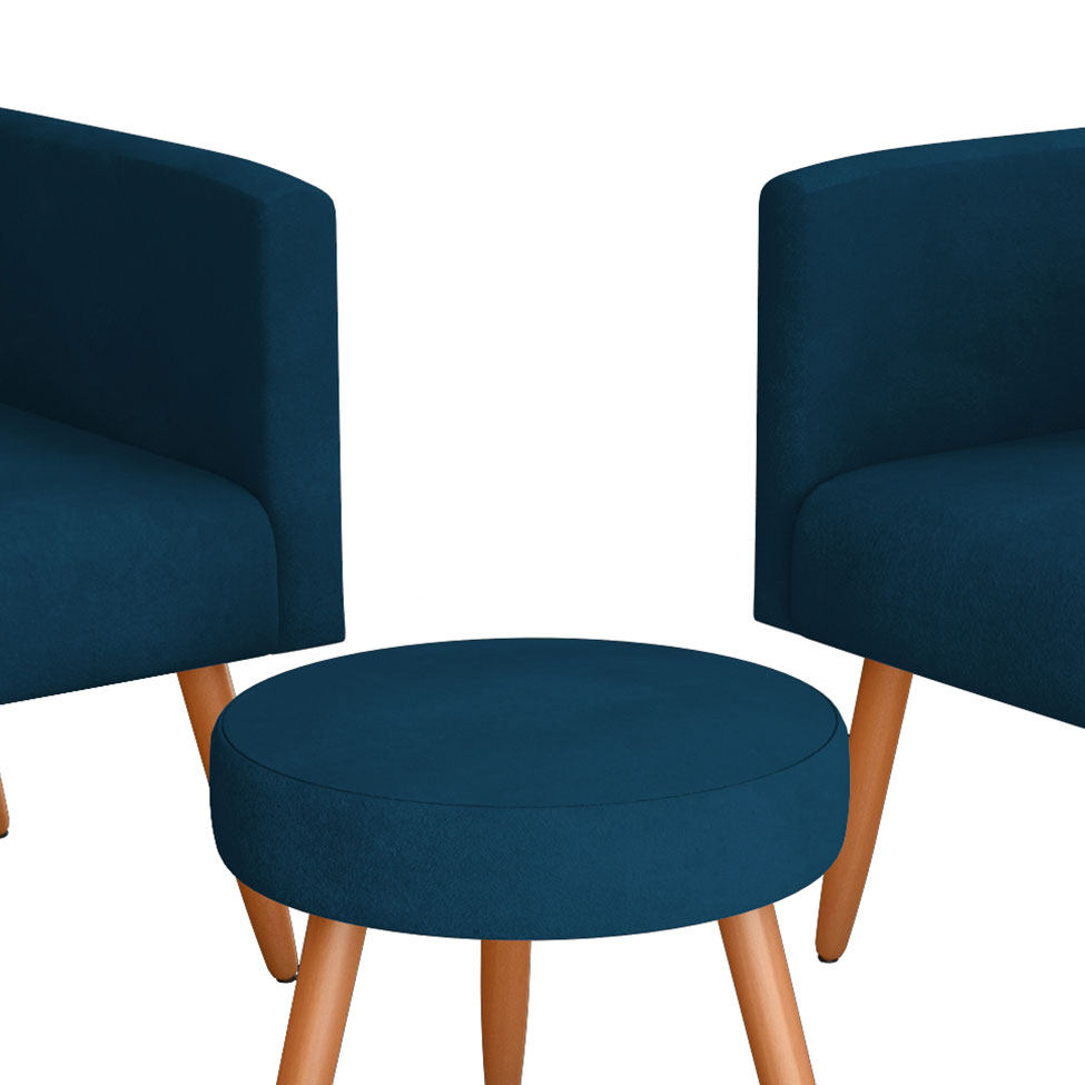 Conjunto com 2 Poltronas e 1 Puff Dallas Veludo Petróleo