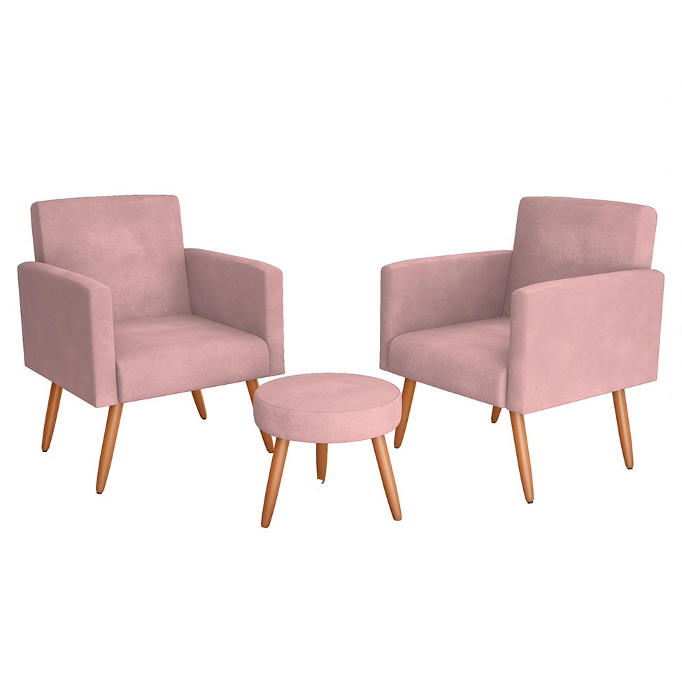 Conjunto com 2 Poltronas e 1 Puff Dallas Veludo Rosa