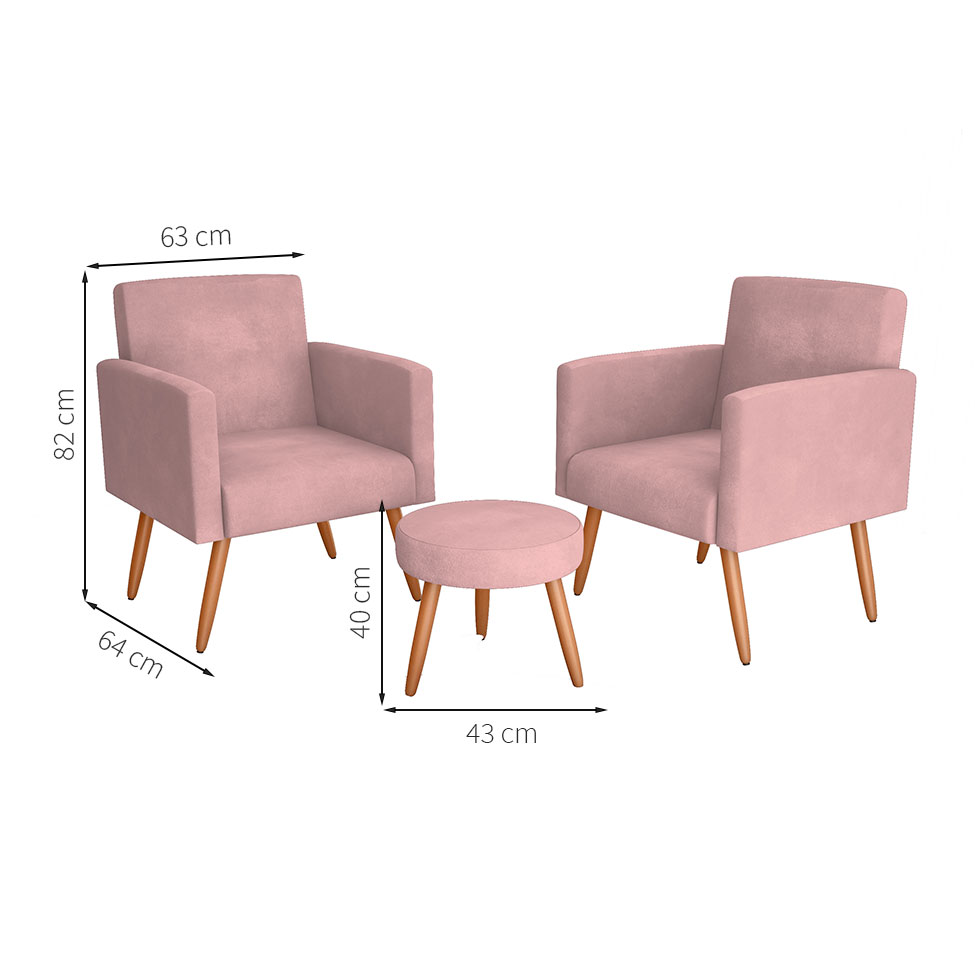 Conjunto com 2 Poltronas e 1 Puff Dallas Veludo Rosa